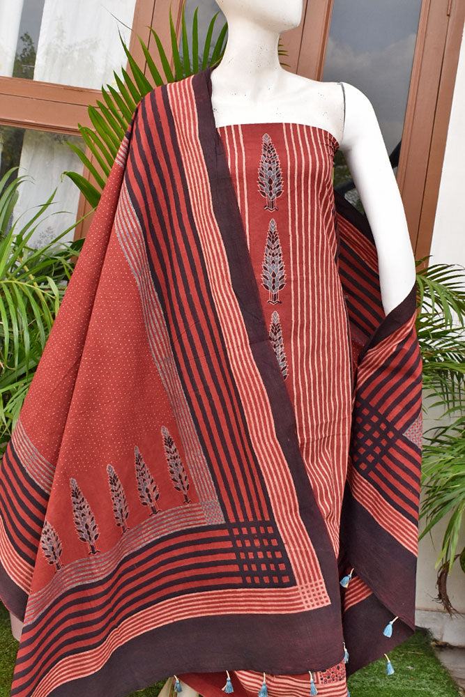 Hand Block Print Ajrakh Cotton Suit with designer Ajrakh neck yoke pattern