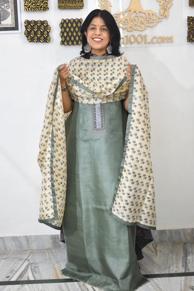 Semi Stitched Block Printed Tussar Silk Dupatta & Tussar Kurta Fabric