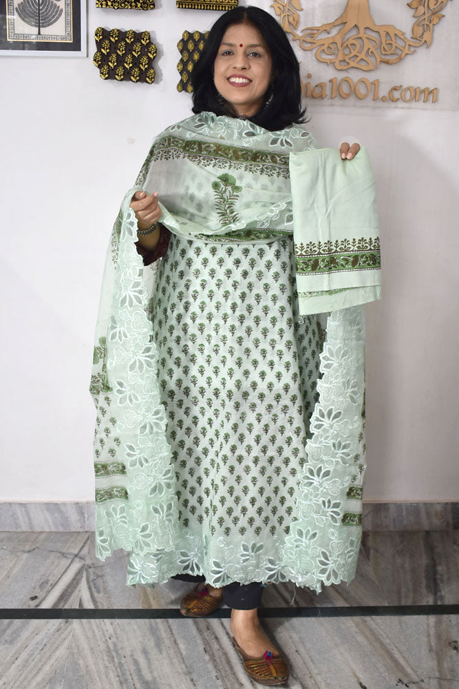 Beautiful Hand Block Printed Cotton Chanderi Suit With Cut Work