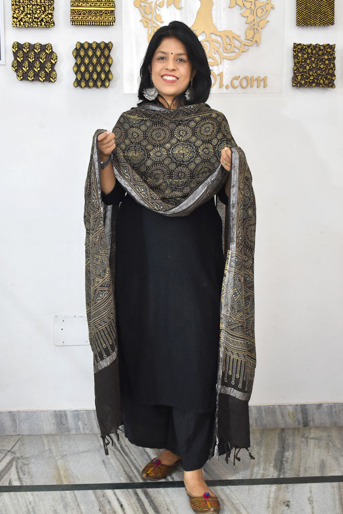 Elegant Ajrakh Hand Block Printed Pure Linen dupatta