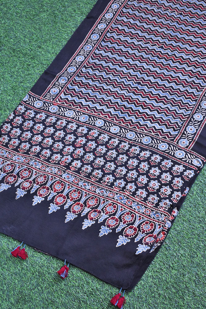 Beautiful Hand Block Printed Ajrakh Modal Silk stole with Tassels