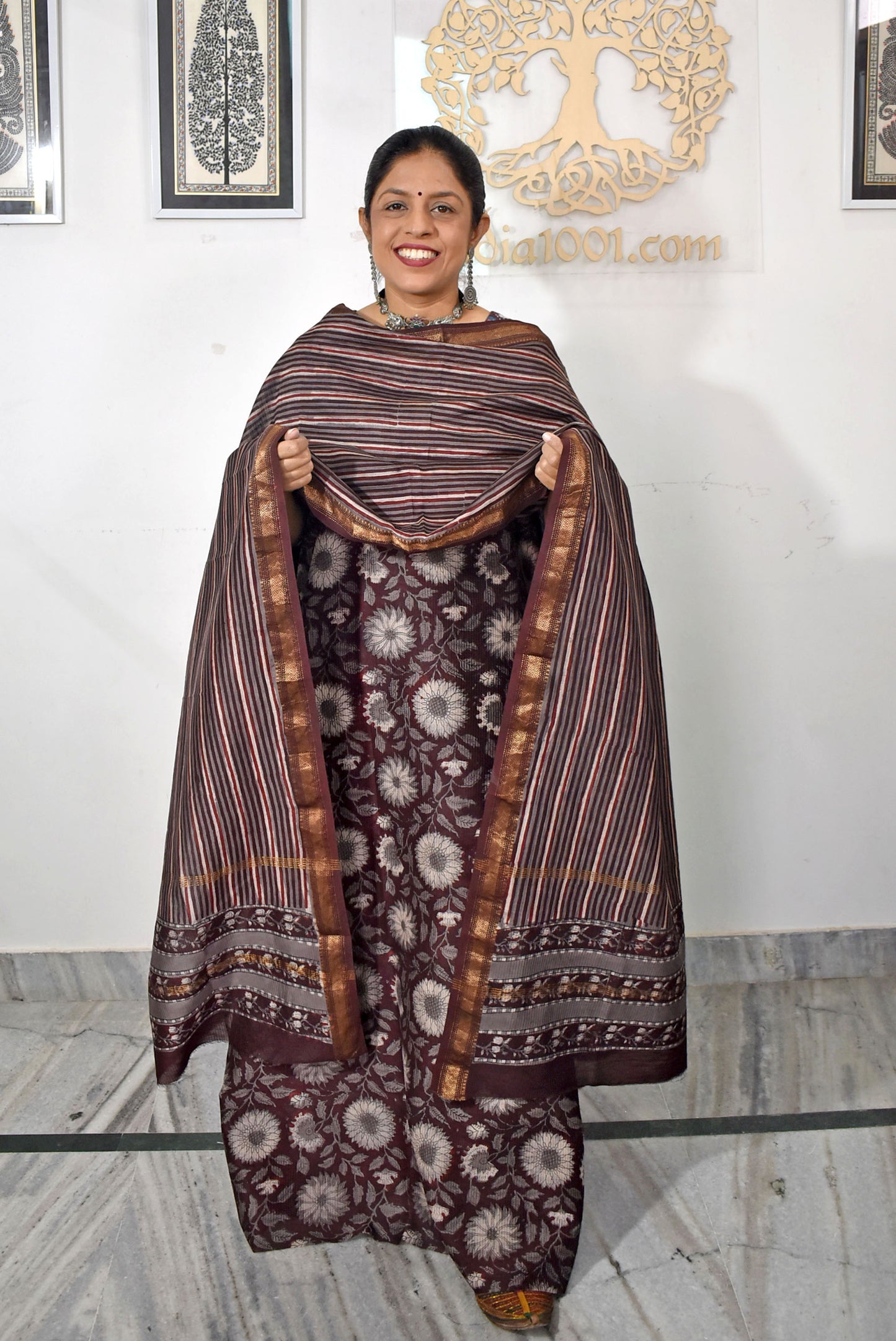 Beautiful Jahota Hand Block Printed Maheshwari Silk Cotton set with Bottom