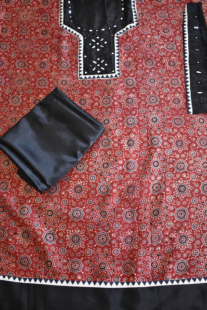Designer Ajrakh Mashru Kurta Fabric with Kutch Mirror Work patch & Plain Mashru pant fabric