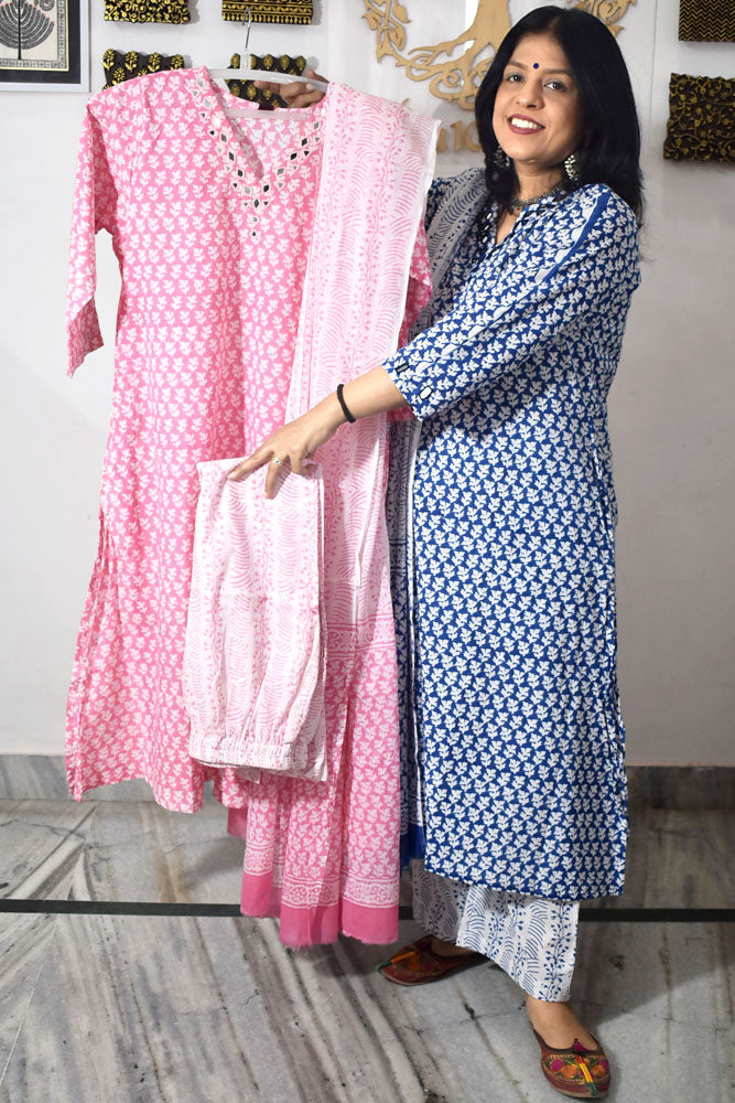 Beautiful Hand Block print Cotton suit with Kutch Mirror Work & Cotton Dupatta