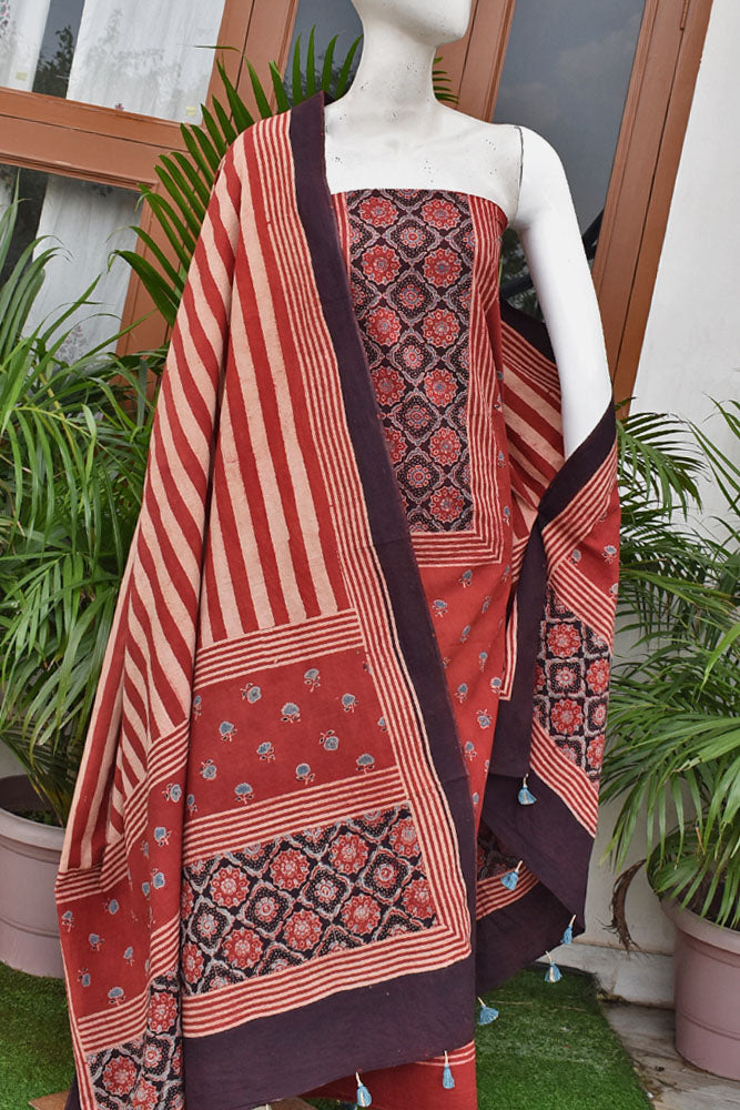 Hand Block Print Ajrakh Cotton Suit with designer Ajrakh neck yoke pattern