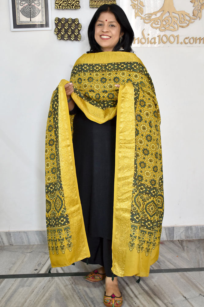 Beautiful Ajrakh Dola Silk Hand Block Print Dupatta with Tassels
