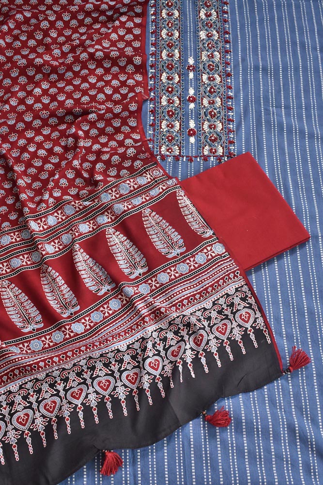 Beautiful Cotton Unstitched Suit with Ajrakh print Neck patch, Intricate Hand Embroidery & Ajrakh Block print Modal dupatta