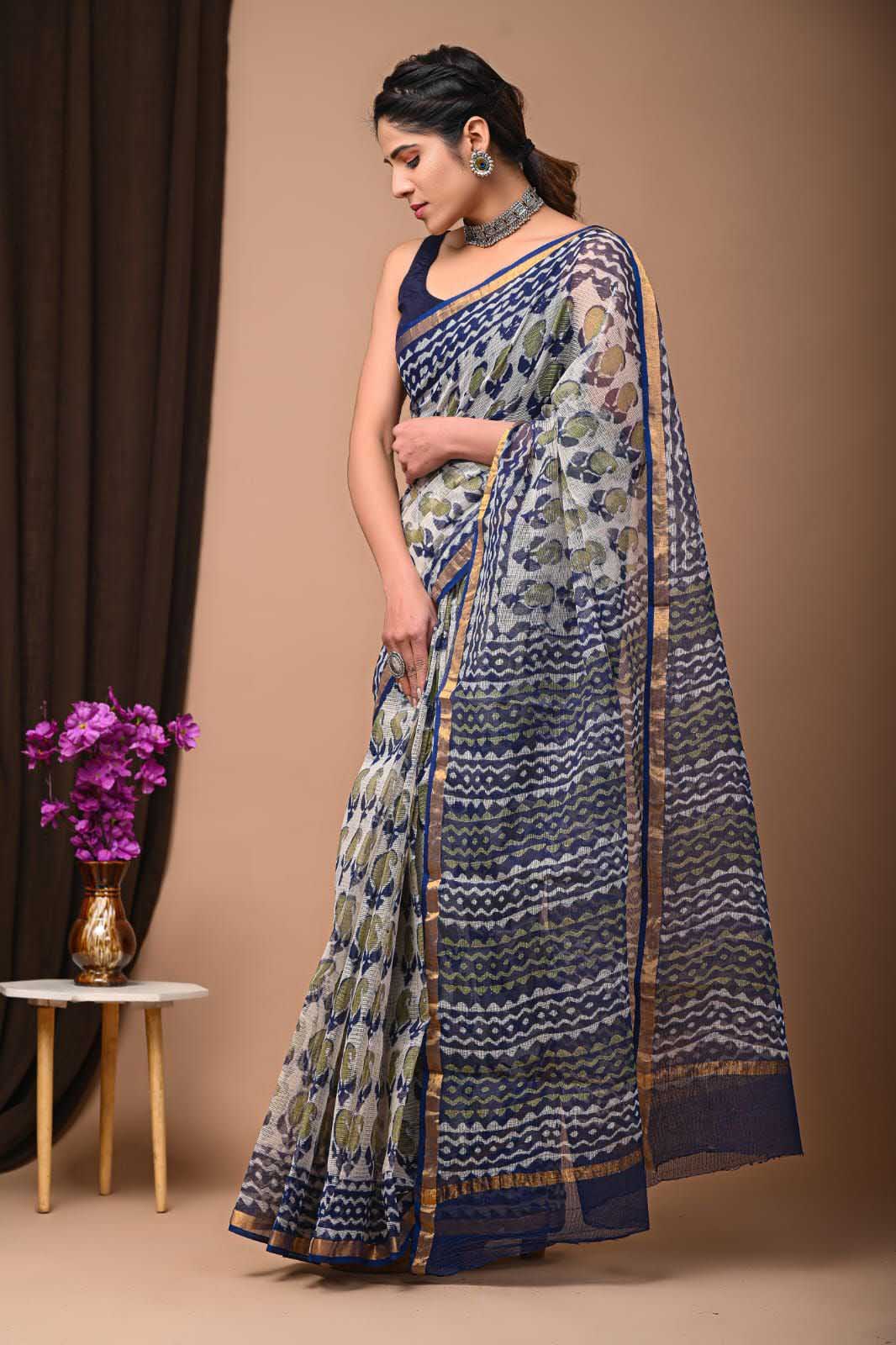 Beautiful Hand Block Printed Kota cotton Saree with zari border