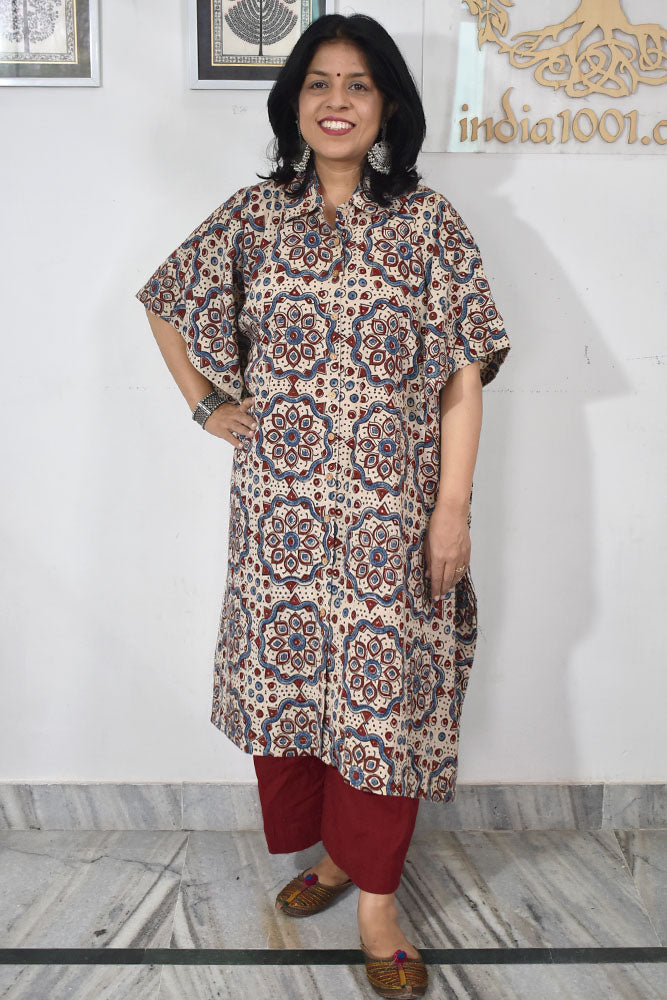 Beautiful Hand Block Printed Ajrakh Kaftan, Can fit till size 48