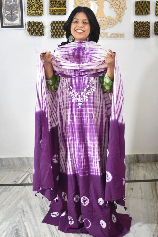 Tie & Dye Shibori & Bandhani cotton Unstitched Suit with Kutch Mirror work