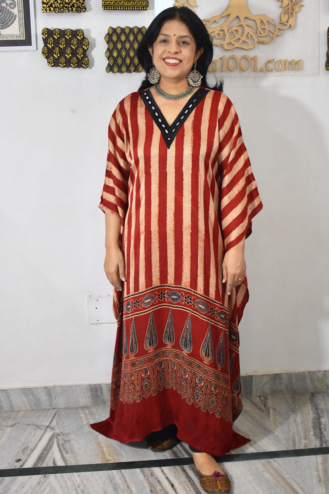 Beautiful Hand Block Printed Modal Silk Kaftan with kutch mirror, Can fit till size 44
