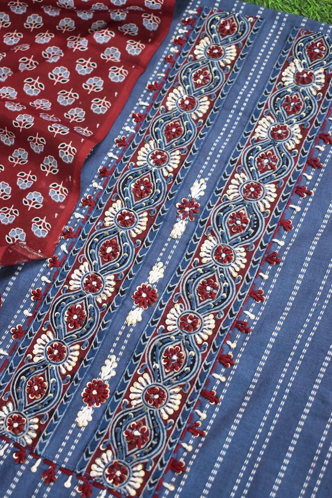 Beautiful Cotton Unstitched Suit with Ajrakh print Neck patch, Intricate Hand Embroidery & Ajrakh Block print Modal dupatta