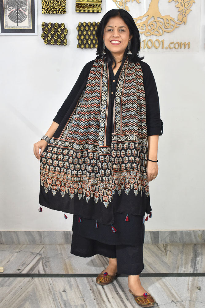 Beautiful Hand Block Printed Ajrakh Modal Silk stole with Tassels