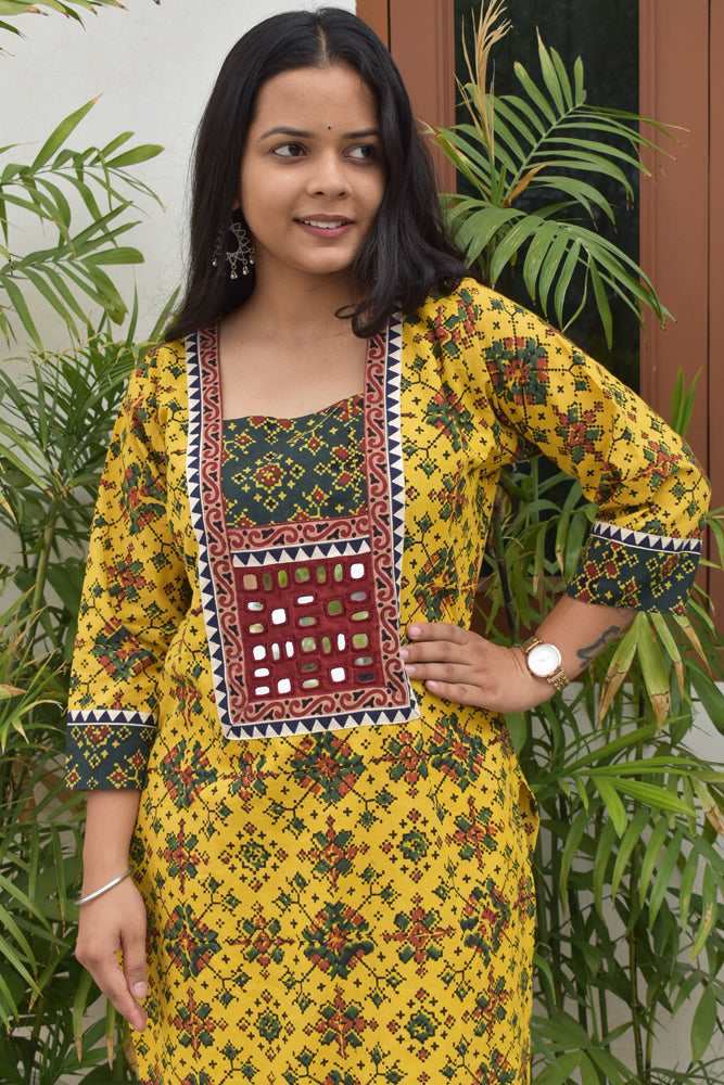 Hand block printed Ajrakh Cotton kurta with Kutch Mirror work - size 40, 42, 44