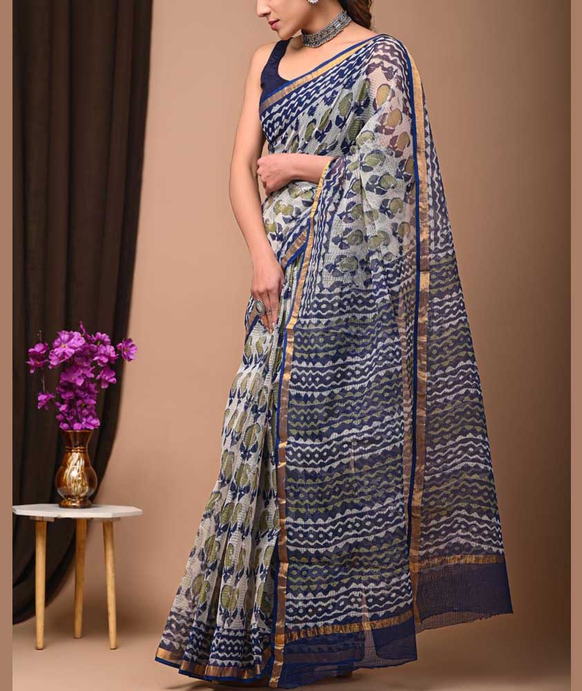 Beautiful Hand Block Printed Kota cotton Saree with zari border