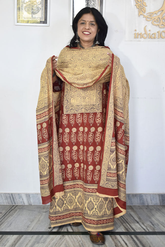 Bagh Hand Block Printed unstitched 3 pc Cotton suit fabric with Placement block print from MP