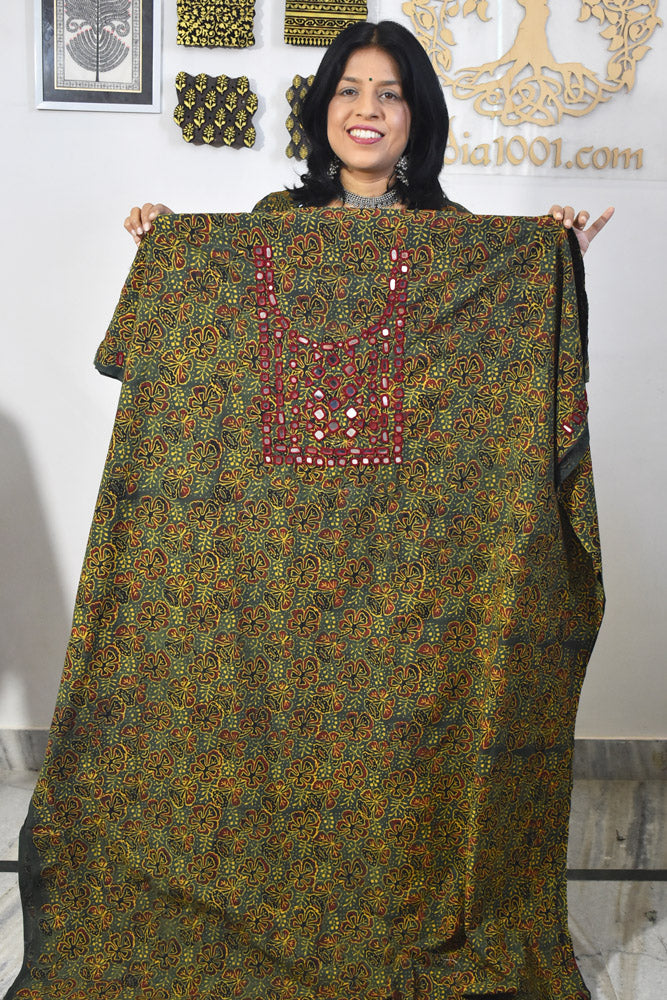 Designer Ajrakh Cotton Kurta Fabric with Kutch Mirror Work - 3 mtrs lenth
