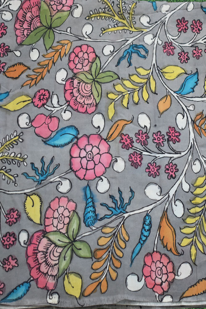 Beautiful Hand Painted Pen Kalamkari  Bangalore Silk Fabric - 2.5 mtrs cut