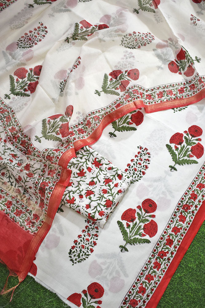 Designer Hand Block Print Cotton suit with Chanderi dupatta