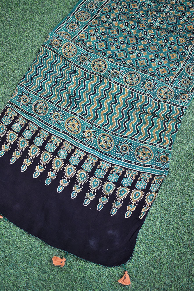 Beautiful Hand Block Printed Ajrakh Modal Silk stole with Tassels