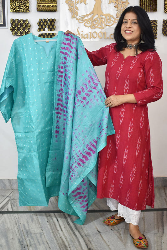 Semi Stitched Block Printed Tussar Silk Dupatta  & Tussar Kurta Fabric