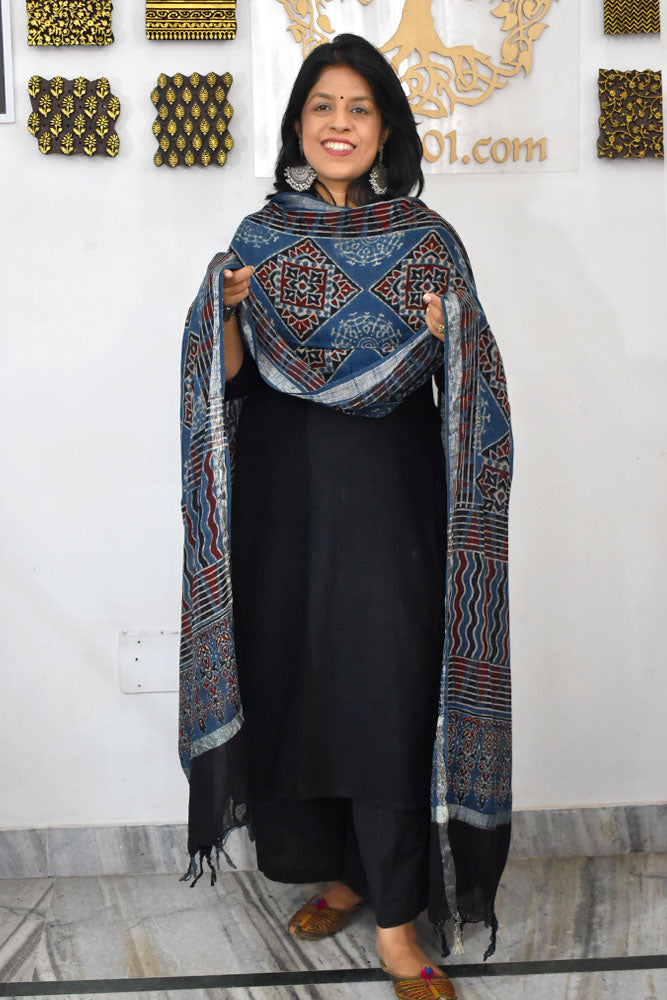 Elegant Ajrakh Hand Block Printed Pure Linen dupatta
