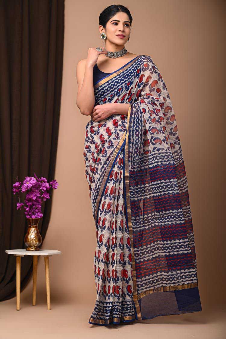 Beautiful Hand Block Printed Kota cotton Saree with zari border