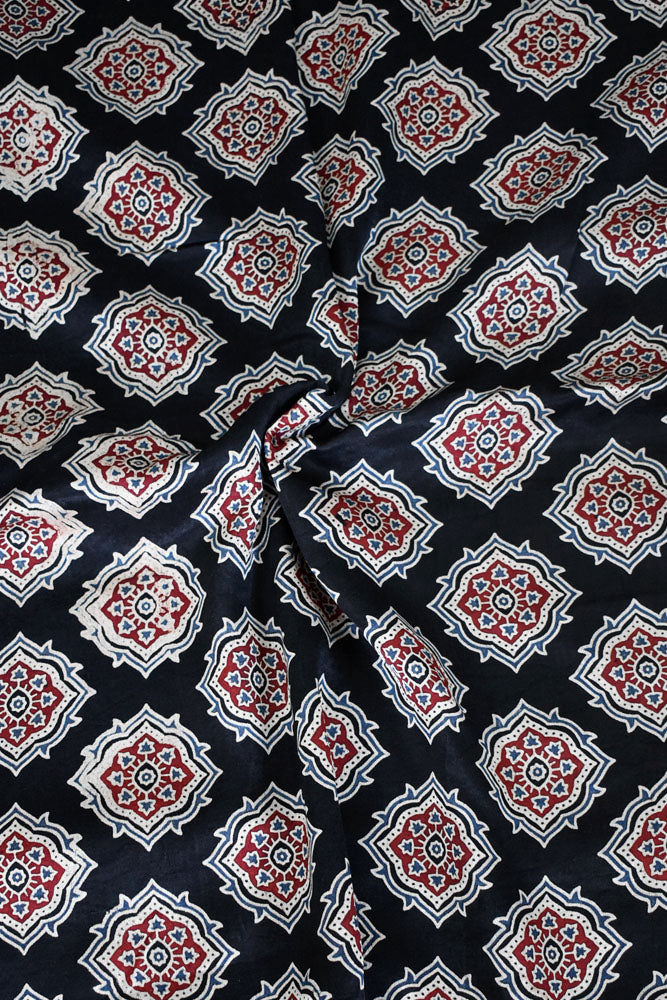 Hand Block printed Ajrakh Mashru silk fabric- Length : 2.5 mtrs & 3 mtr option