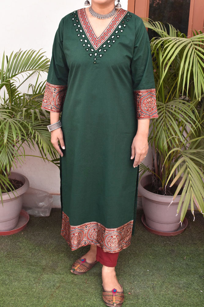 Beautiful Cotton Kurta with Ajrakh patch Kutch mirror work size - 40-46