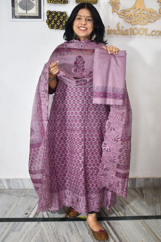 Beautiful Hand Block Printed Cotton Chanderi Suit With Cut Work