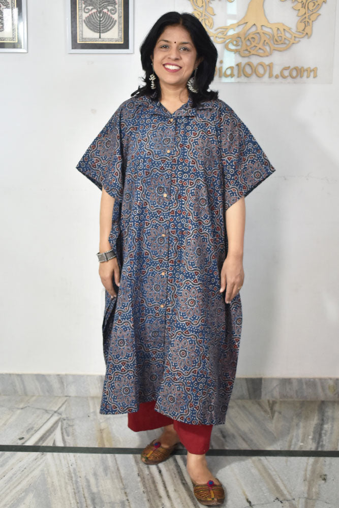 Beautiful Hand Block Printed Ajrakh Kaftan and modal fabric