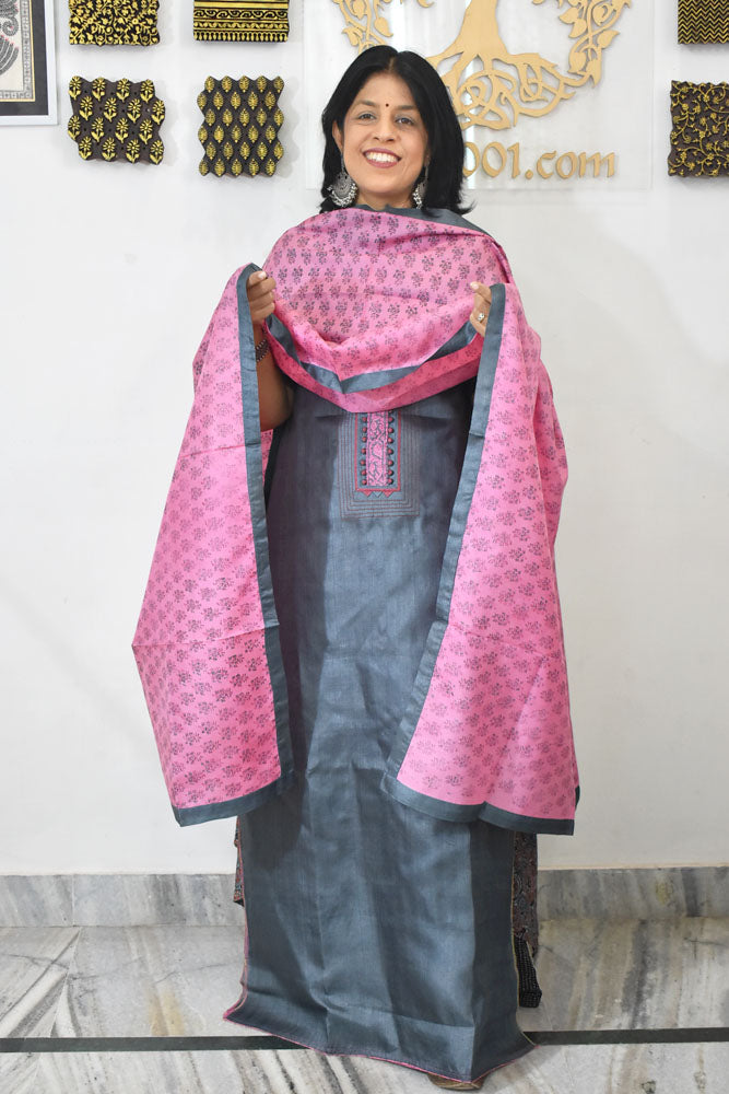 Semi Stitched Block Printed Tussar Silk Dupatta & Tussar Kurta Fabric