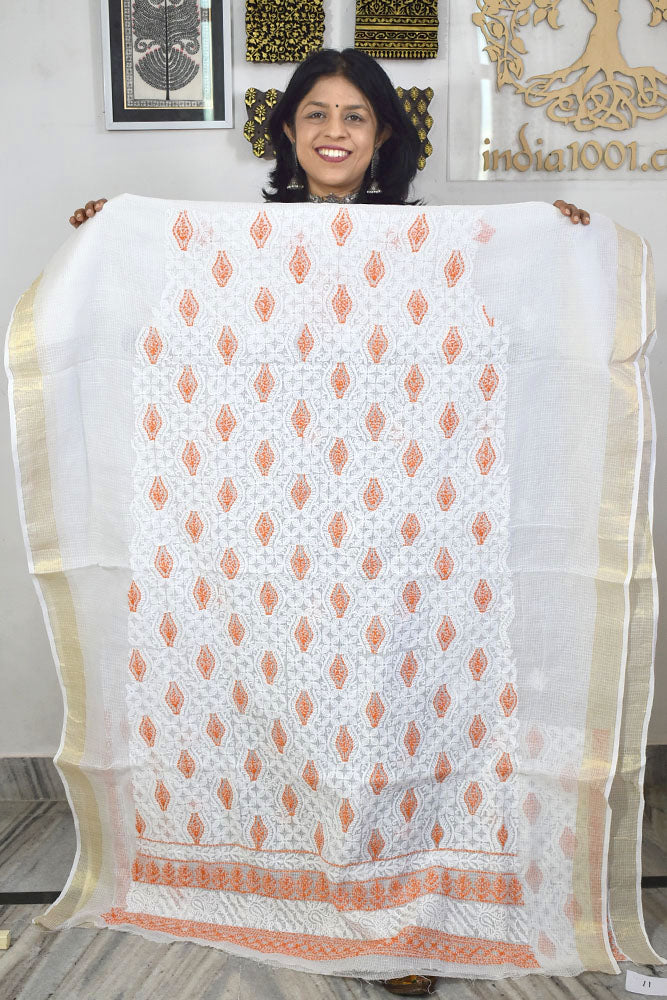Designer Hand Embroidered Chikankari Tepchi work Kota Doria fabric