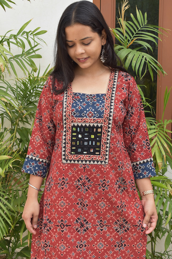 Hand block printed Ajrakh Cotton kurta with Kutch Mirror work - size 40, 42, 44