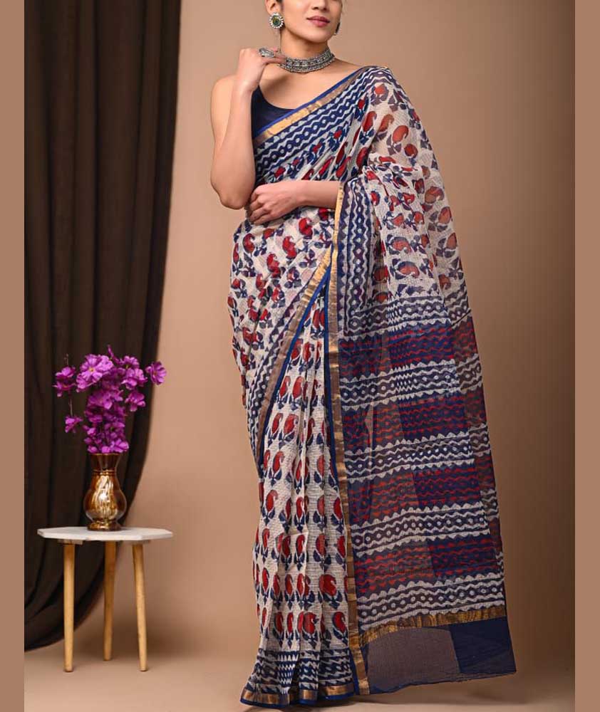 Beautiful Hand Block Printed Kota cotton Saree with zari border