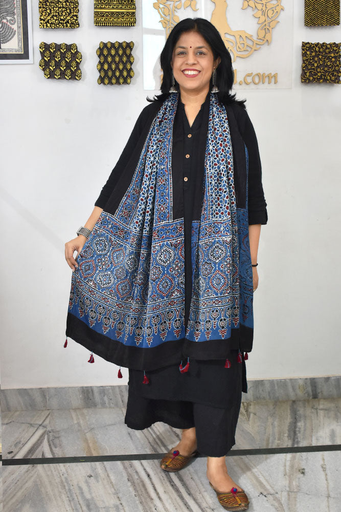 Beautiful Hand Block Printed Ajrakh Modal Silk stole with Tassels