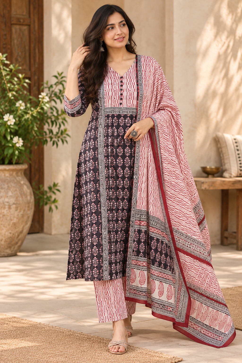 Bagh Hand Block Printed stitched 3 pc Cotton suit - 42 size