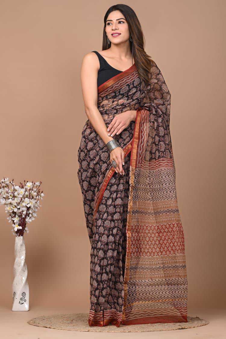 Beautiful Hand Block Printed Kota cotton Saree with zari border
