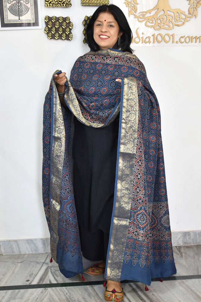 Beautiful Ajrakh Dola Silk Hand Block Print Dupatta with Tassels