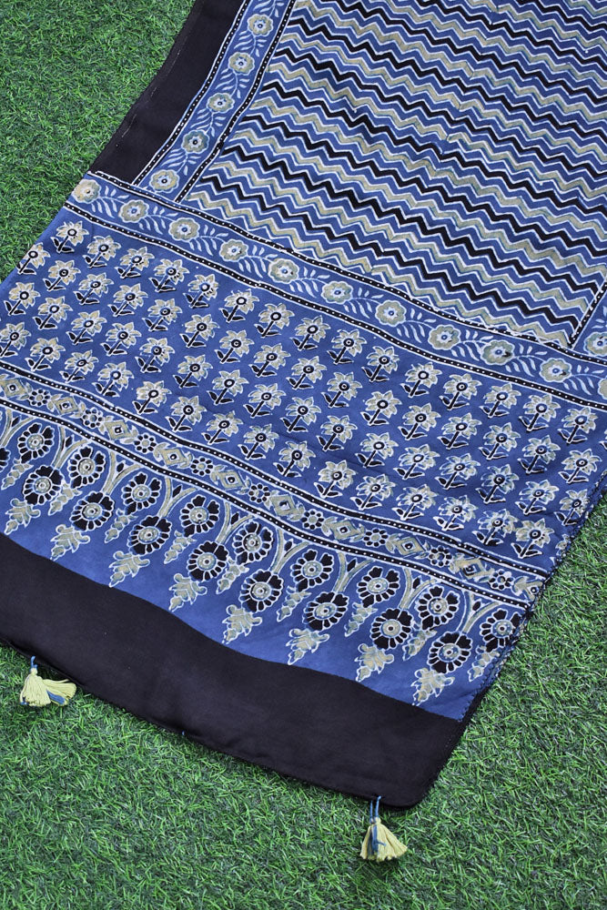 Beautiful Hand Block Printed Ajrakh Modal Silk stole with Tassels