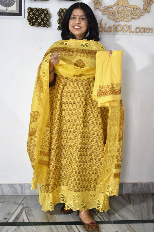 Beautiful Hand Block Printed Cotton Chanderi Suit With Cut Work