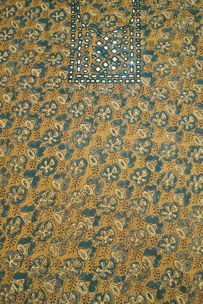 Designer Ajrakh Cotton Kurta Fabric with Kutch Mirror Work - 3 mtrs lenth