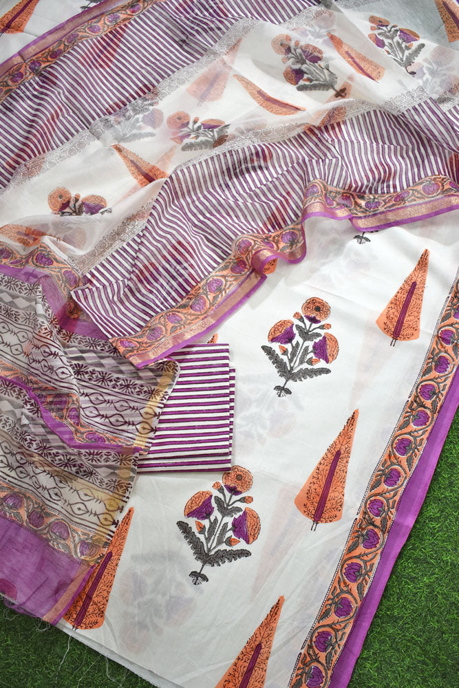 Designer Hand Block Print Cotton suit with Chanderi dupatta