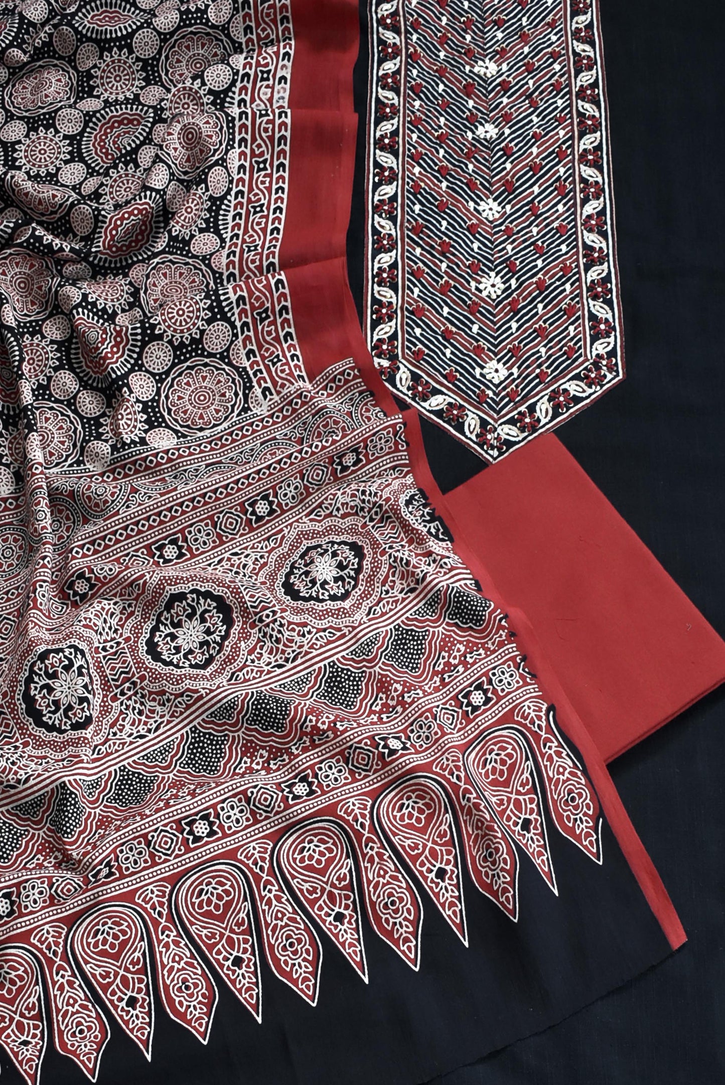 Beautiful Cotton Unstitched Suit with Ajrakh print Neck patch, Intricate Hand Embroidery & Ajrakh Block print cotton dupatta