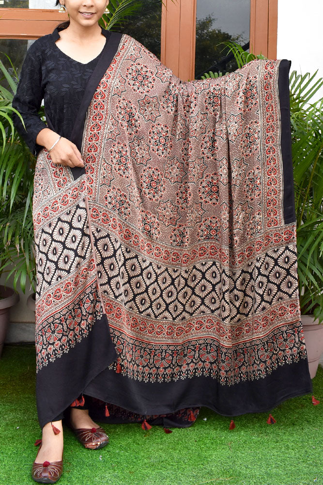 Elegant Modal Silk Ajrakh Block Print Dupatta with tassels