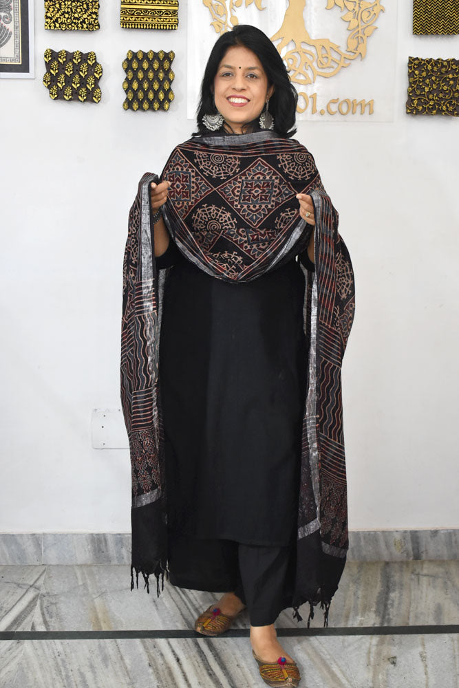 Elegant Ajrakh Hand Block Printed Pure Linen dupatta