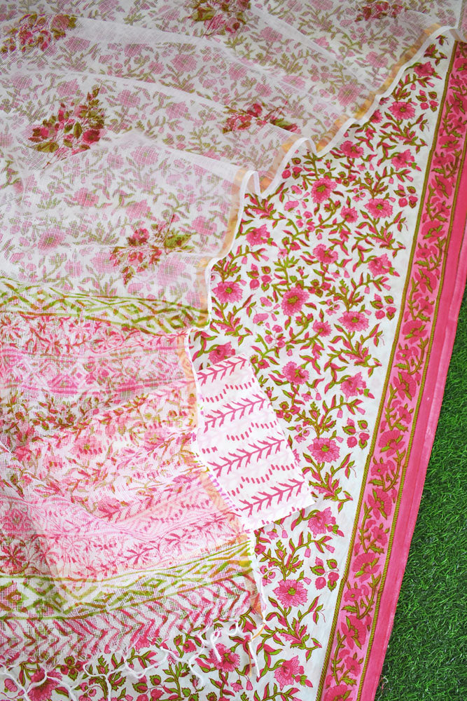 Beautiful Hand Block Printed Cotton unstitched suit fabric with Kota Doria Dupatta