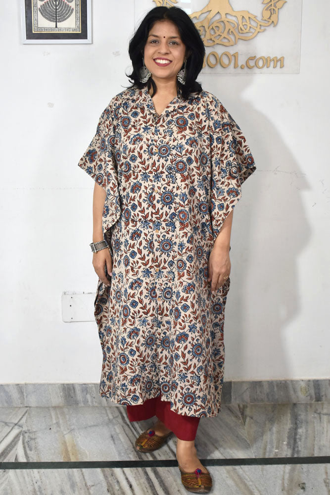 Beautiful Hand Block Printed Ajrakh Kaftan, Can fit till size 48