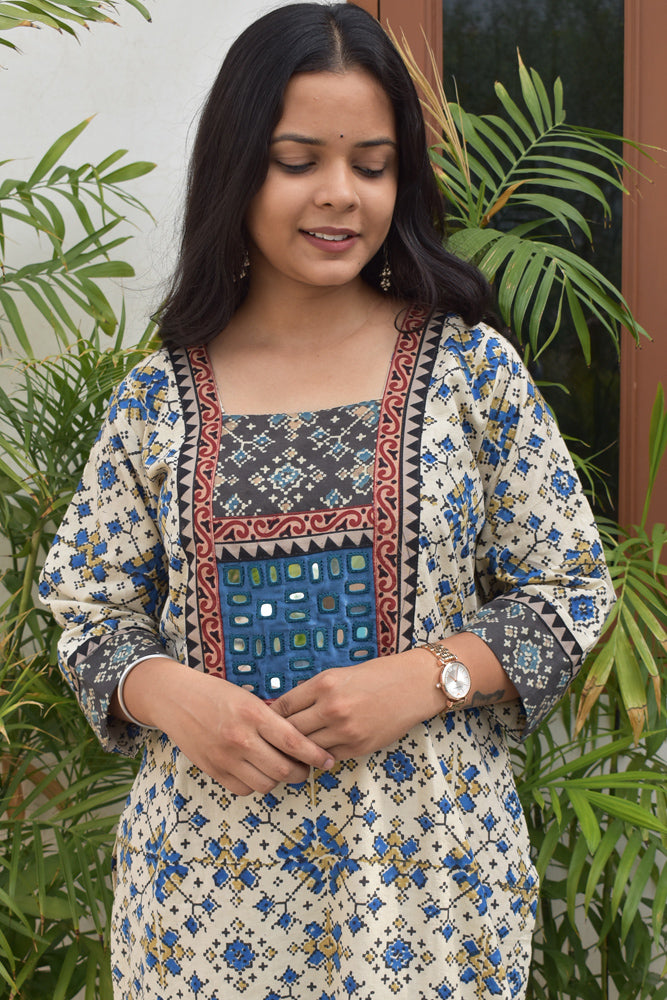 Hand block printed Ajrakh Cotton kurta with Kutch Mirror work - size 40, 42, 44