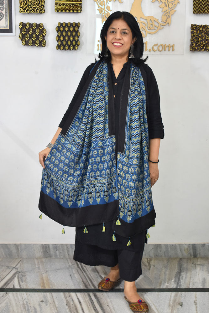 Beautiful Hand Block Printed Ajrakh Modal Silk stole with Tassels